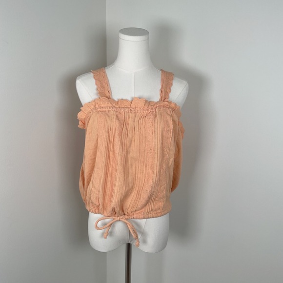 Free People Eyelet Trim Tank Top Peach Sleeveless Drawstring Women's Large NEW - Picture 1 of 10